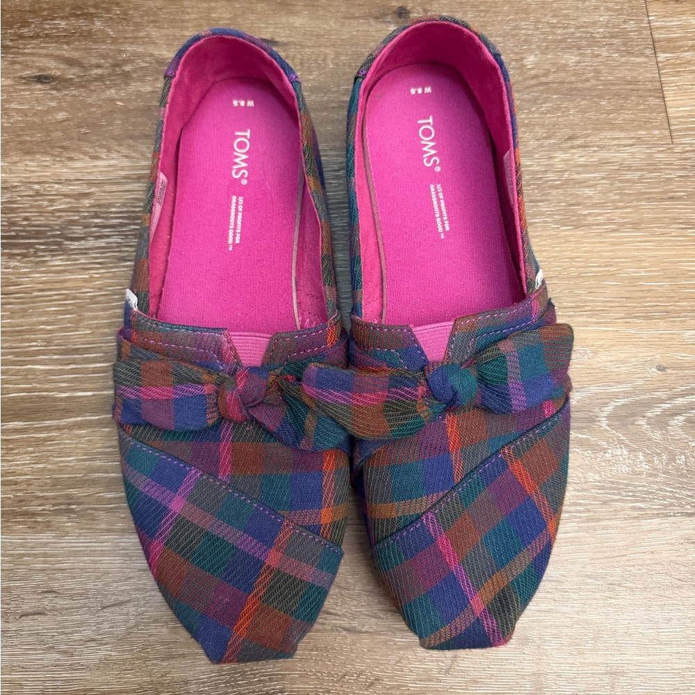 TOMS Women's Alpargata Dark Fuschia Plaid Bow Loafer Flats, Size 8.5 - Picture 2 of 6